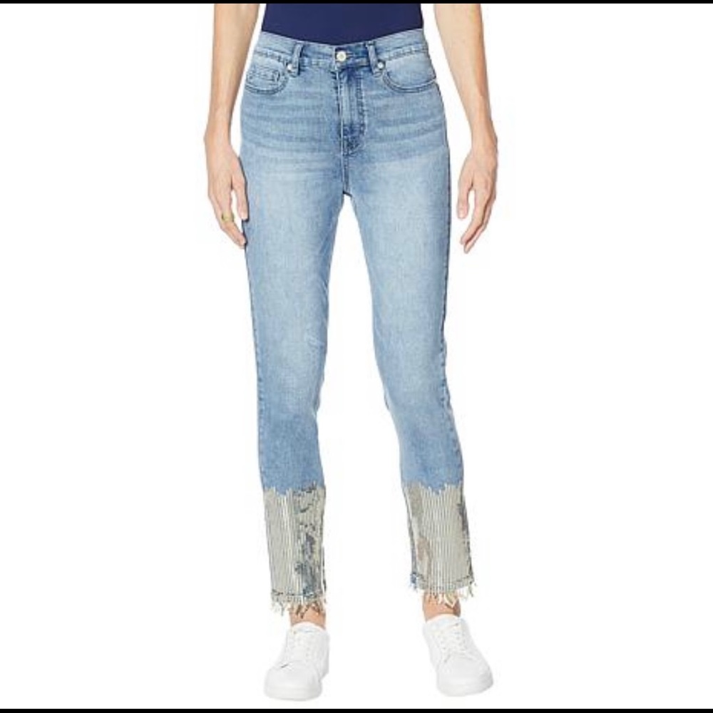 DG2 by Diane Gilman Classic Stretch Sequin Fringe-Hem Skinny Jean
